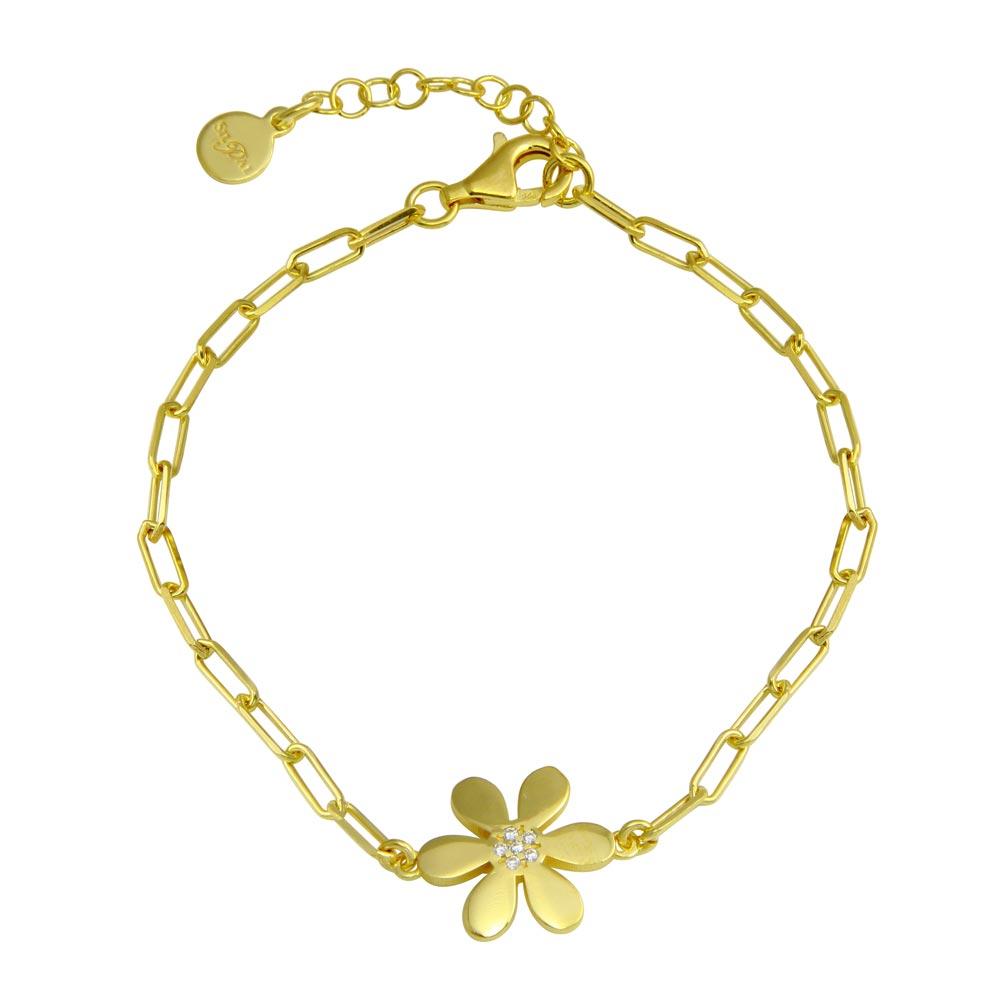 Sterling Silver Gold Plated Paperclip Flower CZ Chain Bracelet