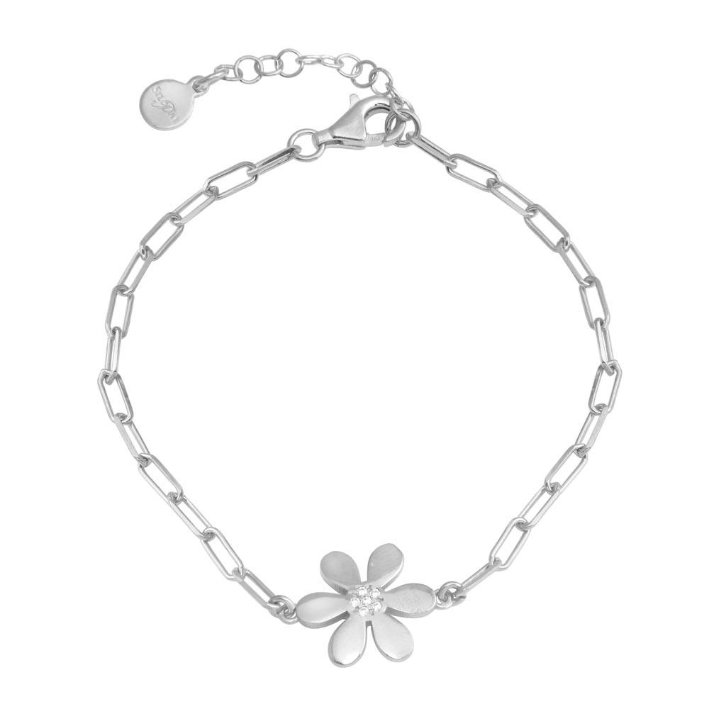 Sterling Silver Rhodium Plated Paperclip Flower CZ Chain Bracelet