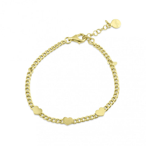 Sterling Silver Gold Plated Three Hearts Charm Adjustable Curb Chain Bracelet