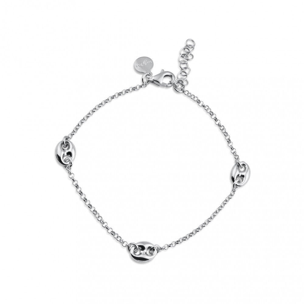 Sterling Silver Rhodium Plated Puffed Mariner Charm Adjustable Bracelet