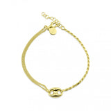 Sterling Silver Gold Plated Puffed Mariner Charm Double Strand Curb And Rope Adjustable Bracelet