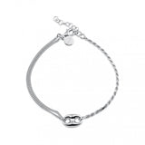 Sterling Silver Rhodium Plated Puffed Mariner Charm Double Strand Curb And Rope Adjustable Bracelet