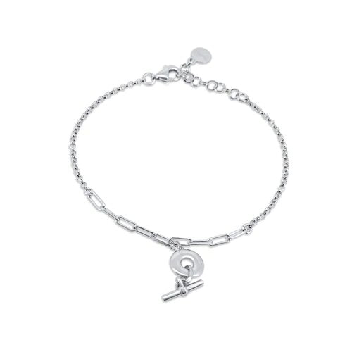 Sterling Silver Rhodium Plated Rolo Donut Bar Adjustable Bracelet