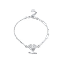 Load image into Gallery viewer, Sterling Silver Rhodium Plated Paperclip Clear CZ Heart Lock Bar Adjustable Bracelet