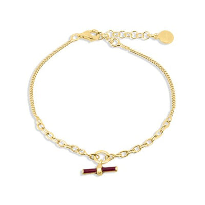 Sterling Silver Gold Plated Curb Link Red Enamel Bar Adjustable Bracelet