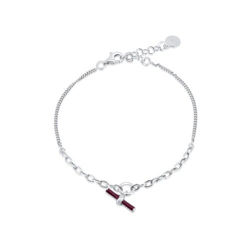 Sterling Silver Rhodium Plated Curb Link Red Enamel Bar Adjustable Bracelet