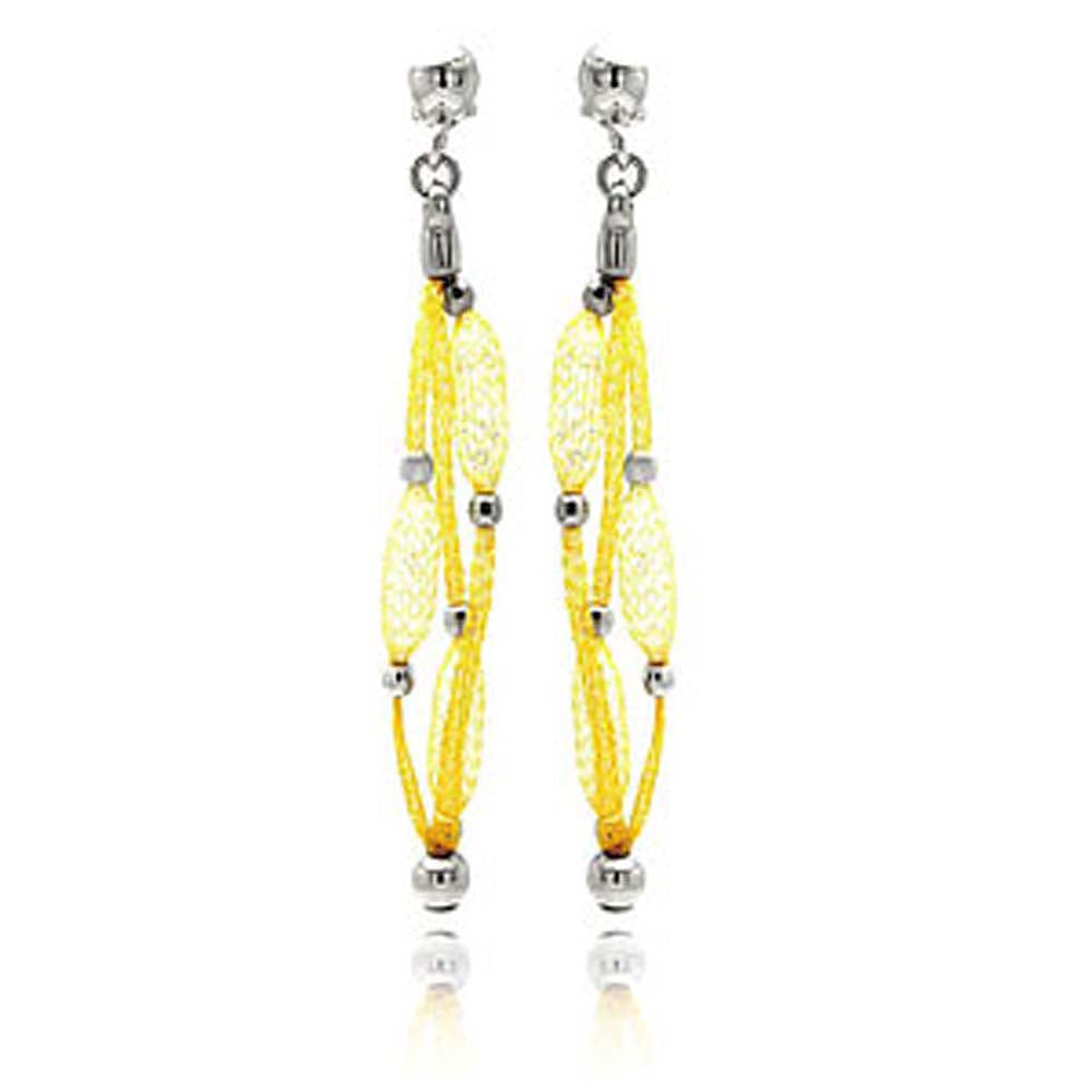 Sterling Silver Fancy Gold Plated Mesh Design with Silver Beads Chandelier Dangle Stud Earring