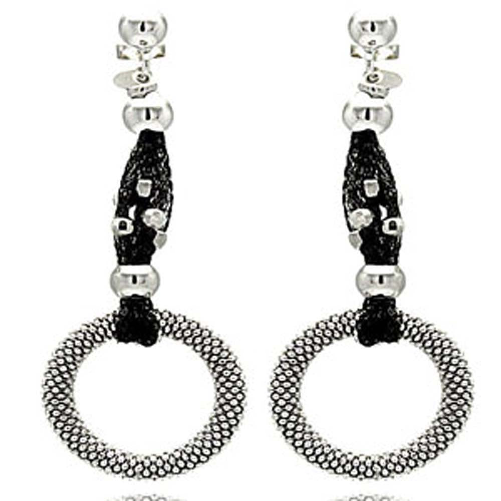 Sterling Silver Black Rhodium Plated Vintage Rope Design With Open Circle Drop Dangle Stud Earring