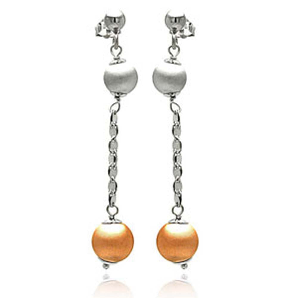 Sterling Silver Fancy Chain Link with Brush Finish Silver and Rose Gold Plated Round Bead Drop Dangle Stud EarringAnd Earring Height of 60MM