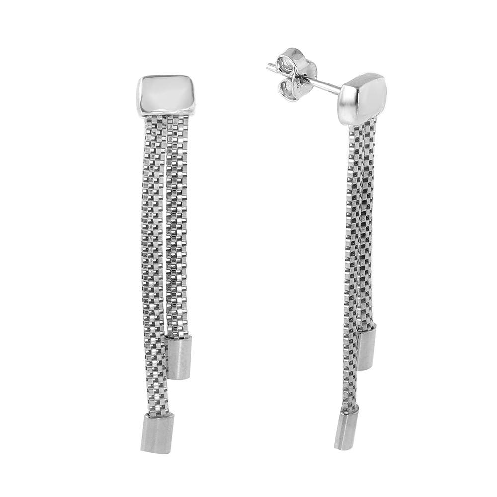 Sterling Silver Rhodium Plated 2 Strand Chain Texture Dangling Earrings with Earring Dimensions of 43MMx4MM and Friction Post Back