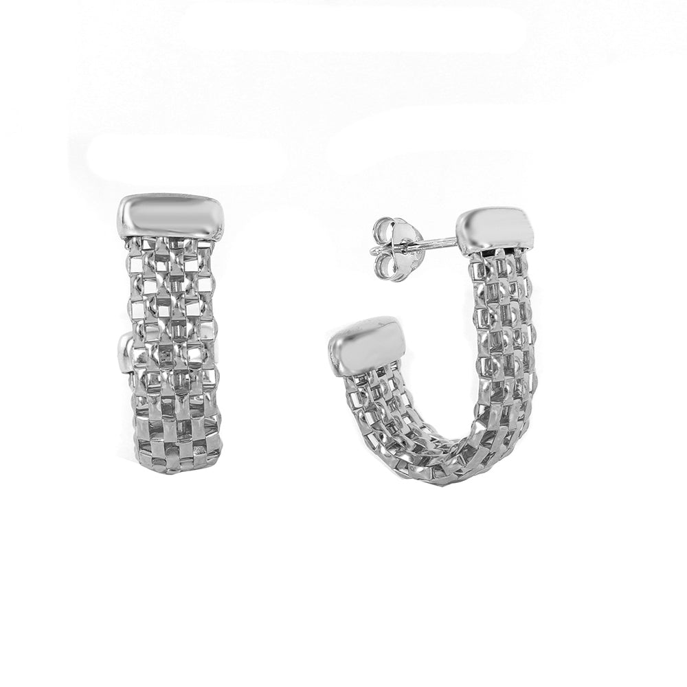 Sterling Silver Rhodium Plated J Shaped Checkered Earrings with Earring Width of 8MM and Friction Back Post