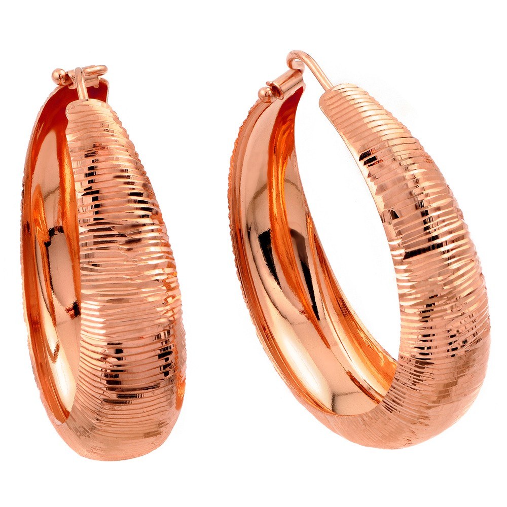 Sterling Silver Rose Gold Plated Ridged Italian Hoop Earrings with Earring Dimensions of 11.65MMx5.15MM and Latch Back Post