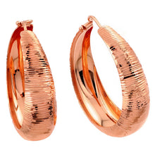 Load image into Gallery viewer, Sterling Silver Rose Gold Plated Ridged Italian Hoop Earrings with Earring Dimensions of 11.65MMx5.15MM and Latch Back Post