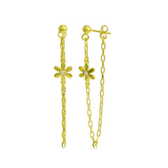 Sterling Silver Gold Plated Dangling Flower CZ Earrings