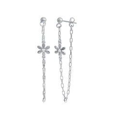 Sterling Silver Rhodium Plated Dangling Flower CZ Earrings