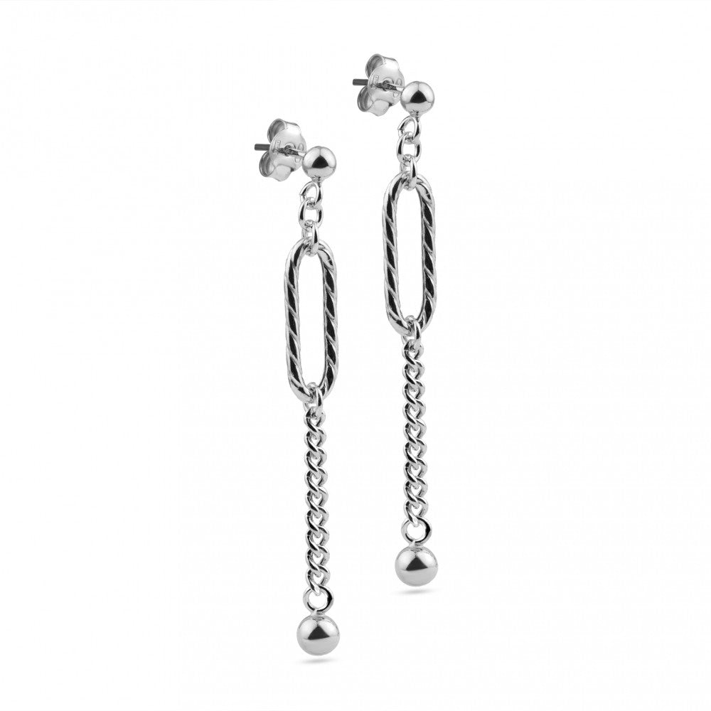 Sterling Silver Rhodium Plated Dangling Ball Textured Paperclip Earrings