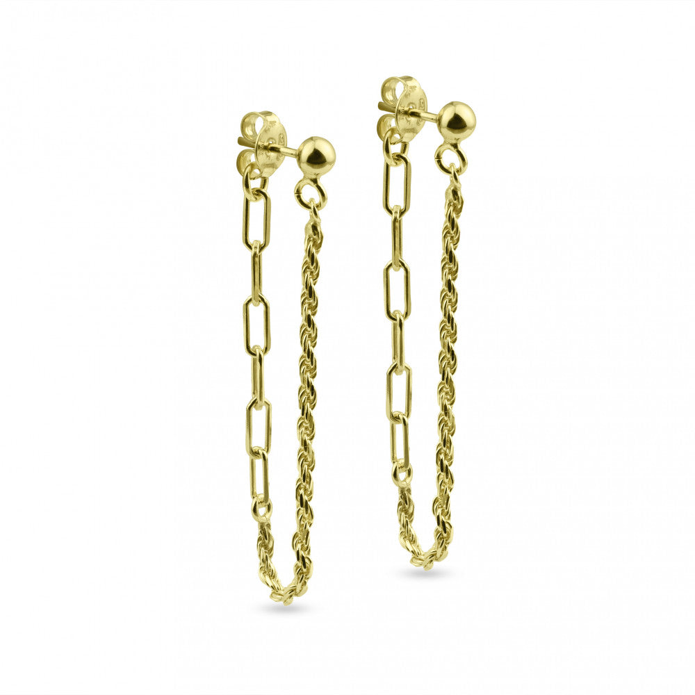 Sterling Silver Gold Plated Dangling Rope And Paperclip Stud Earrings