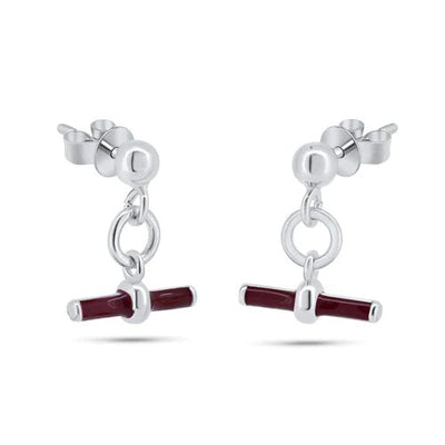 Sterling Silver Rhodium Plated Dangling Red Enamel Bar Stud Earrings