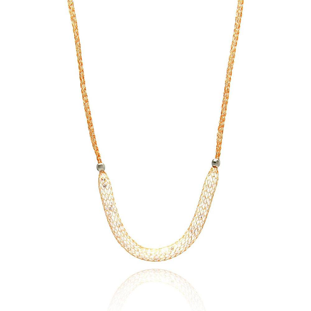 Sterling Silver Rose Gold Plated Italian Chain Necklace with Mesh Design Inlaid with Clear CzsAnd Chain Length of 16 -18
