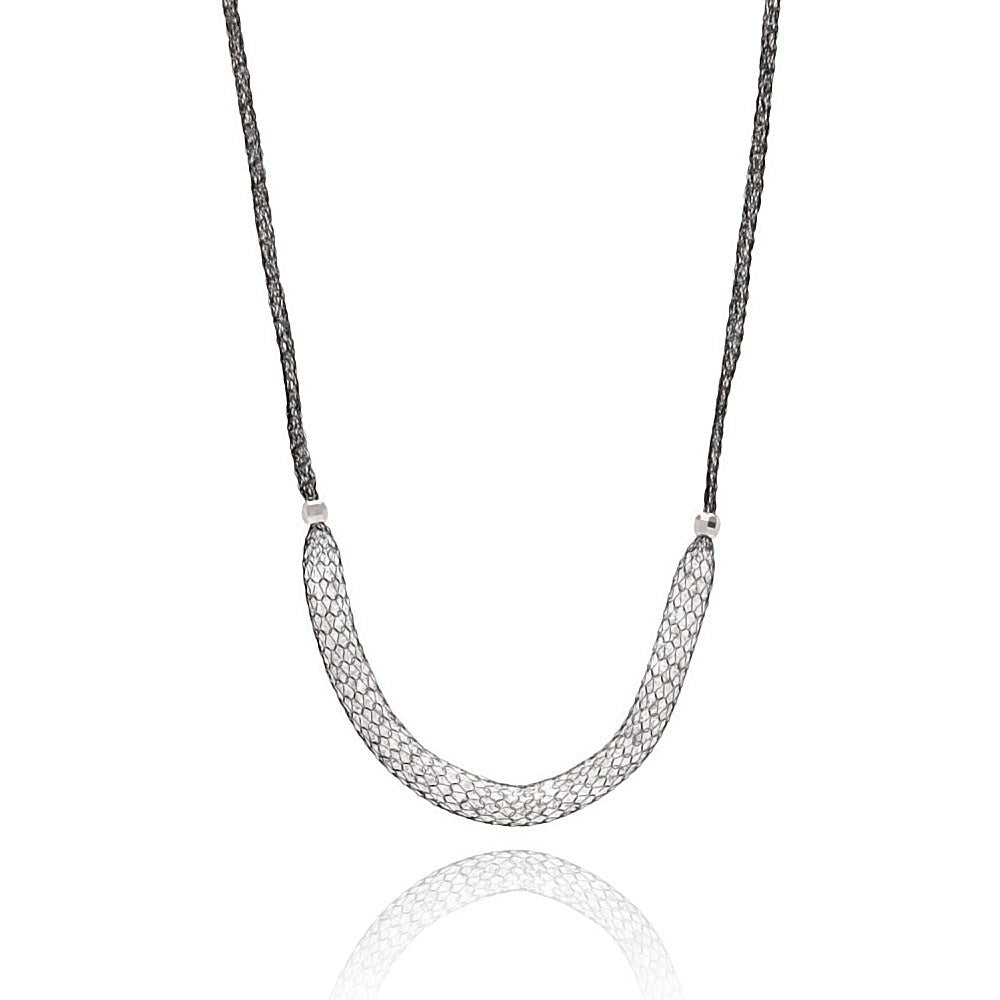 Sterling Silver Black Rhodium Plated Italian Chain Necklace with Mesh Design Inlaid with Clear CzsAnd Chain Length of 16 -18