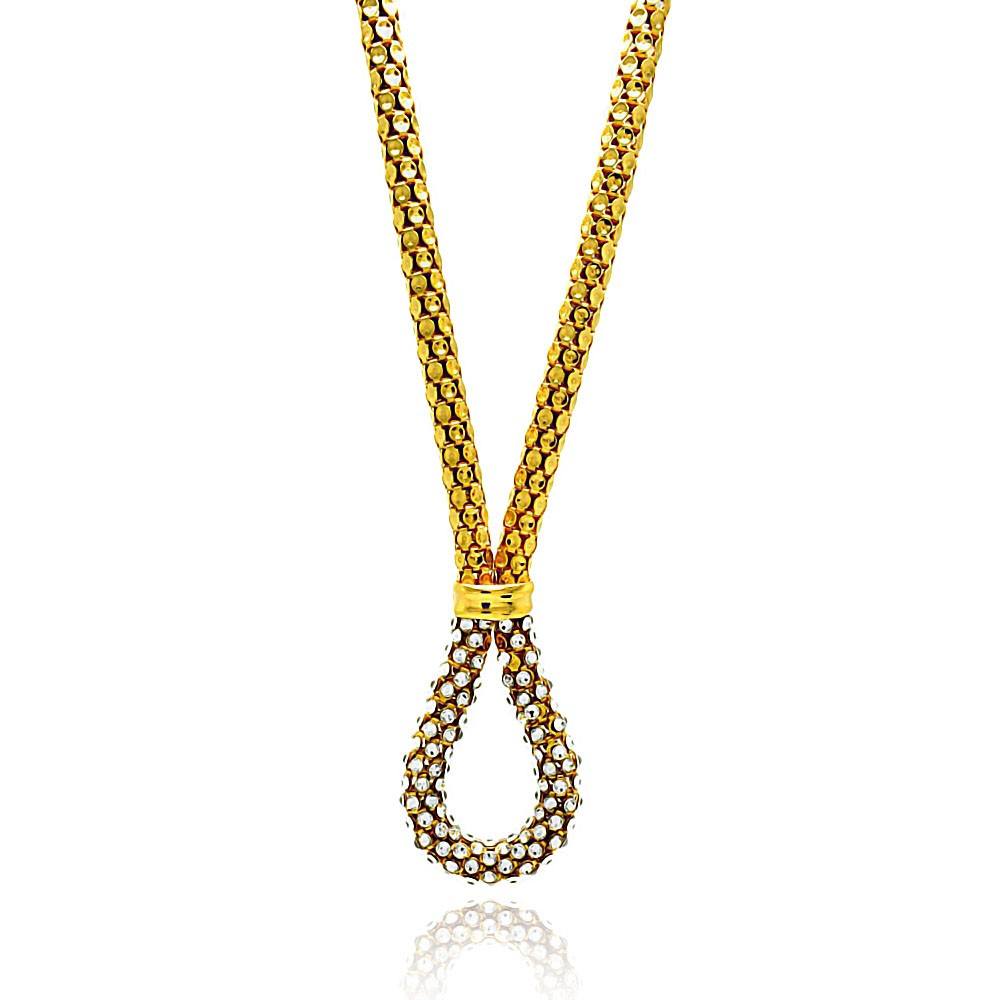 Sterling Silver Gold Plated Popcorn Italian Chain Necklace with Open Teardrop Shaped Design Inlaid with Clear CzsAnd Chain Length of 17