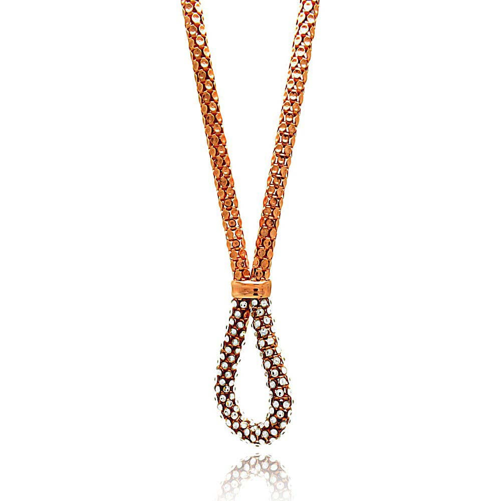 Sterling Silver Rose Gold Plated Popcorn Italian Chain Necklace with Open Teardrop Shaped Design Inlaid with Clear CzsAnd Chain Length of 17