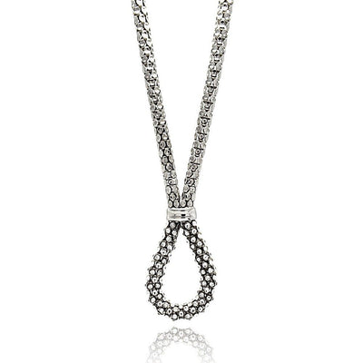 Sterling Silver Rhodium Plated Popcorn Italian Chain Necklace with Open Teardrop Shaped Design Inlaid with Clear CzsAnd Chain Length of 17