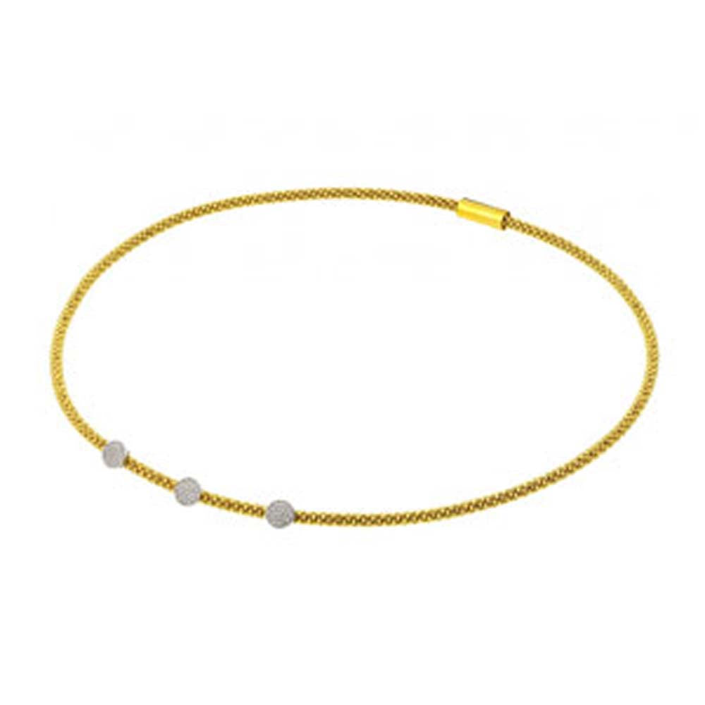 Sterling Silver Gold Plated Popcorn Italian Chain Necklace with Three Silver Paved Round Disc Charms Magnetic Clasp ClosureAnd Chain Length of 17 And Thickness: 3.18MM