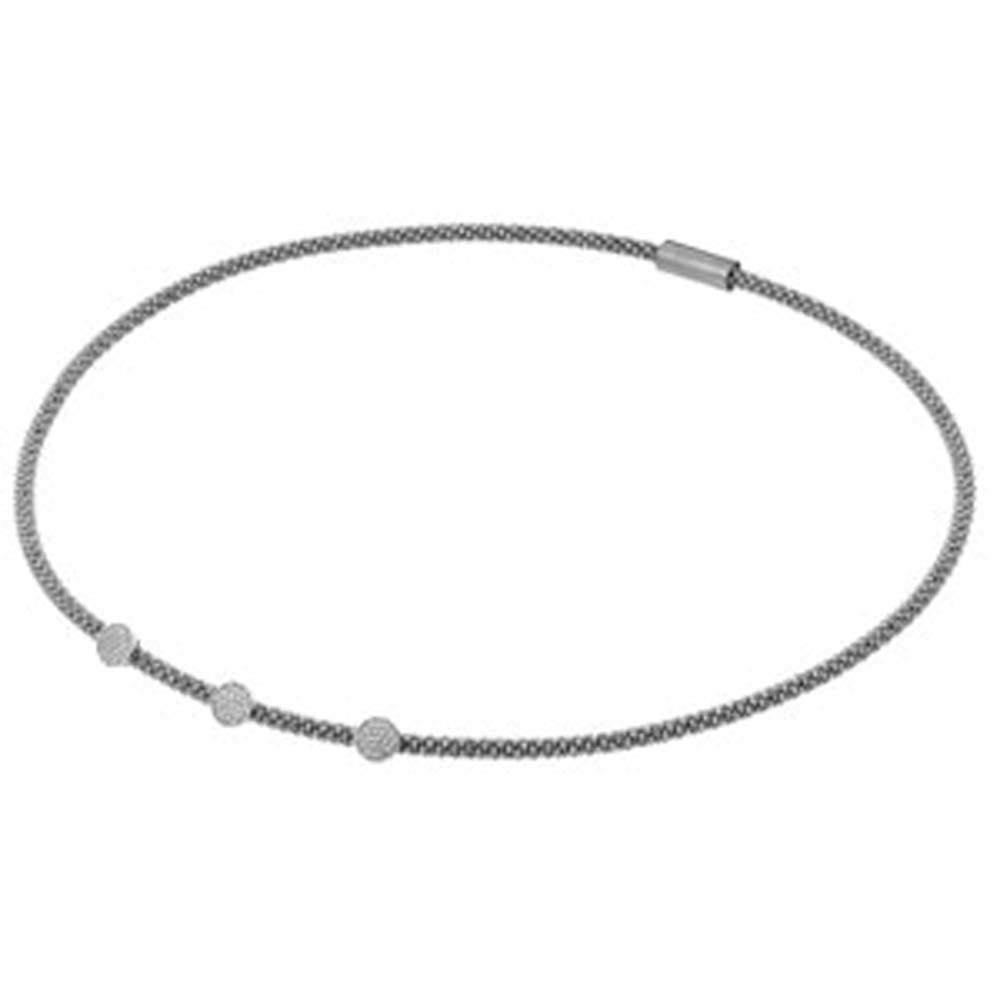 Sterling Silver Rhodium Plated Popcorn Italian Chain Necklace with Three Silver Paved Round Disc Charms Magnetic Clasp ClosureAnd Chain Length of 17 And Thickness: 3.18MM