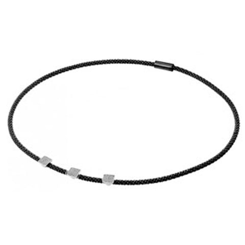 Sterling Silver Black Rhodium Plated Popcorn Italian Chain Necklace with Three Silver Paved Square Charms Magnetic Clasp Closure. Chain Length of 17.5 And Thickness: 3.27MM