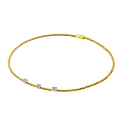 Sterling Silver Gold Plated Popcorn Italian Chain Necklace with Three Silver Paved Square Charms Magnetic Clasp Closure. Chain Length of 17.5 And Thickness: 3.27MM