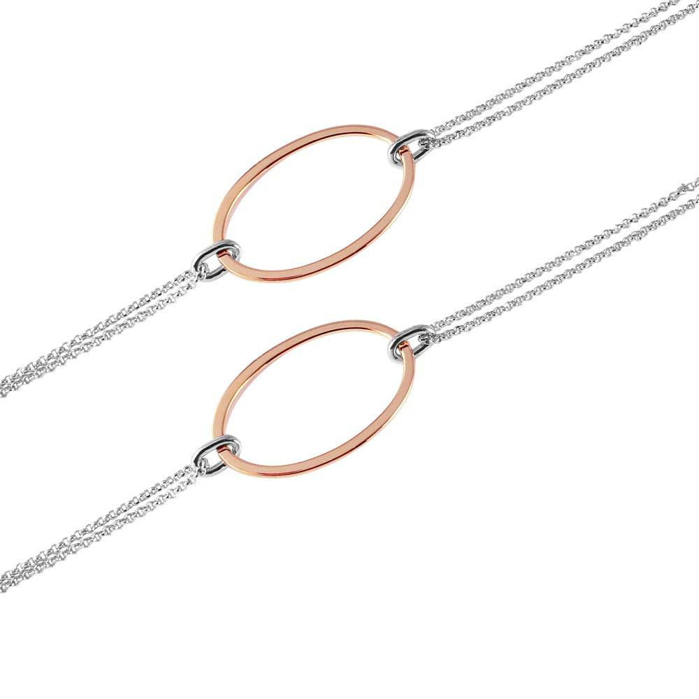 Sterling Silver Double Strands Chain Necklace with Rose Gold Plated Oval Loops DesignAnd Lobster Clasp ClosureAnd Length of 17