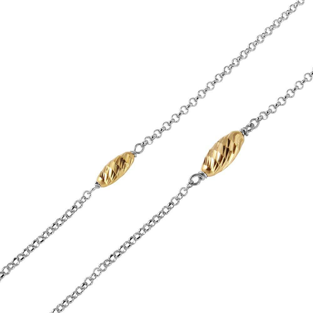 Sterling Silver Rhodium Plated Chain Necklace with Multi Gold Plated Twisted BeadsAnd Lobster Clasp ClosureAnd Length of 17