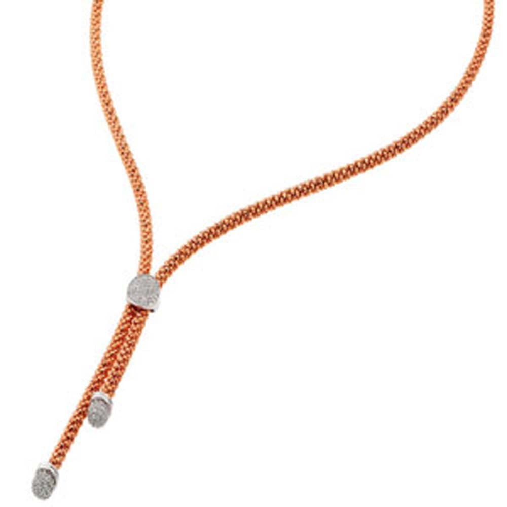 Sterling Silver Rose Gold Plated Popcorn Lariat Italian Chain Necklace with Silver Paved Round Disc Charm Magnetic Clasp  ClosureAnd Chain Length of 16.5 And Thickness: 3.20MM
