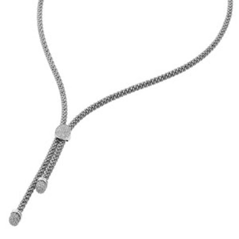 Sterling Silver Rhodium Plated Popcorn Lariat Italian Chain Necklace with Silver Paved Round Disc Charm Magnetic Clasp  ClosureAnd Chain Length of 16.5 And Thickness: 3.20MM