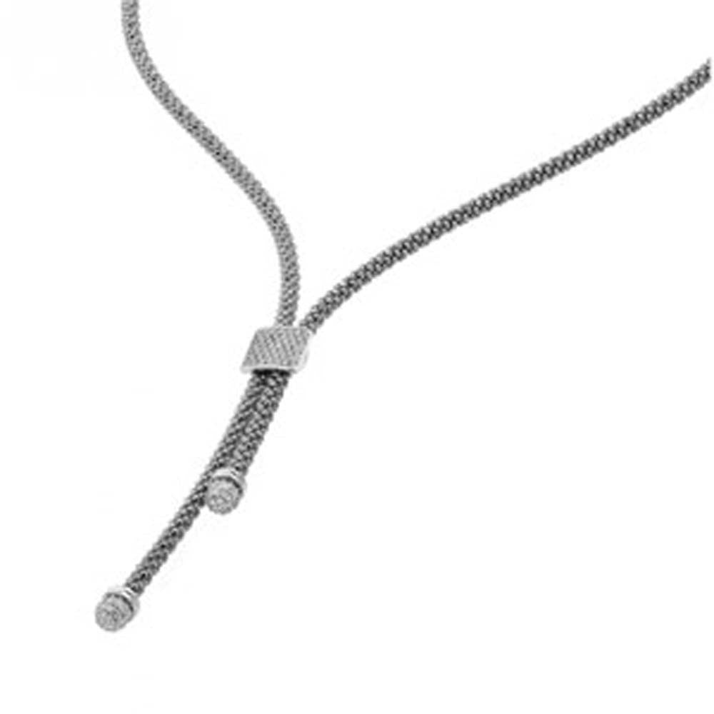 Sterling Silver Rhodium Plated Popcorn Lariat Italian Chain Necklace with Silver Paved Square Charm Magnetic Clasp ClosureAnd Chain Length of 16.5 And Thickness: 3.22MM