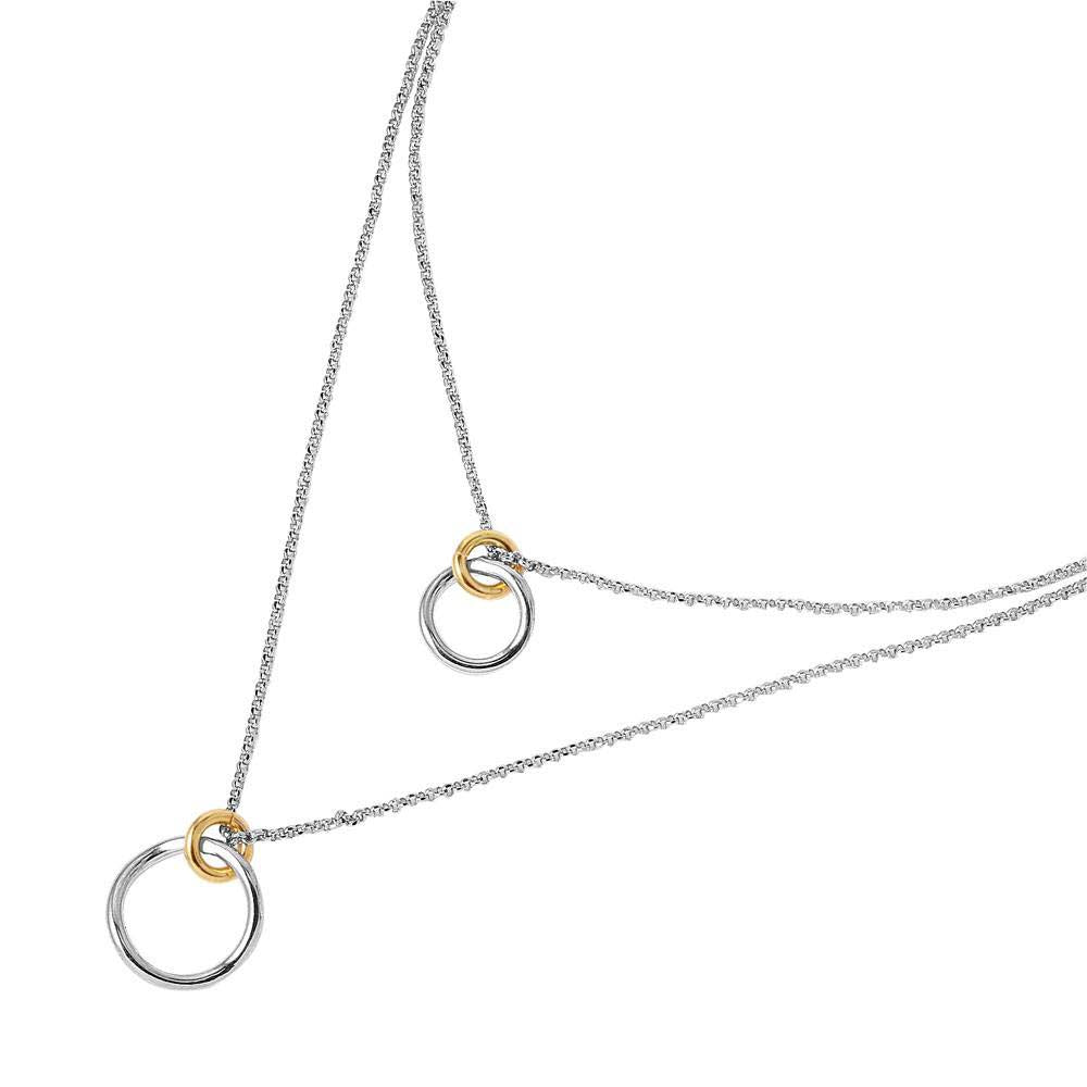 Sterling Silver Rhodium Plated Two Strands Chain Necklace with Gold & Rhodium Plated Loop PendantsAnd Lobster Clasp ClosureAnd Length of 17