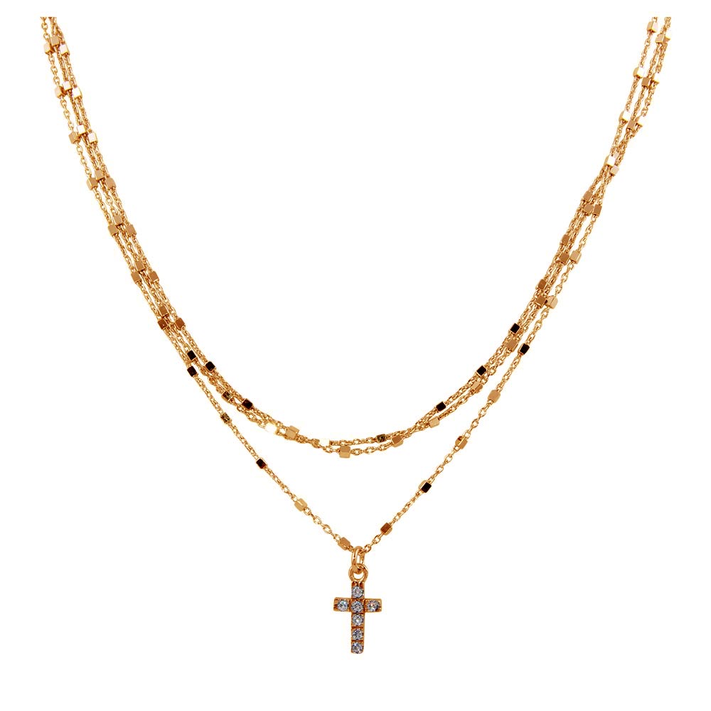Sterling Silver Rose Gold Plated Triple Chain Cross Necklace with Beads and CZ