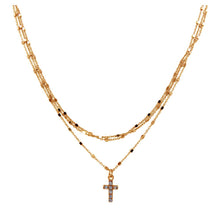 Load image into Gallery viewer, Sterling Silver Rose Gold Plated Triple Chain Cross Necklace with Beads and CZ