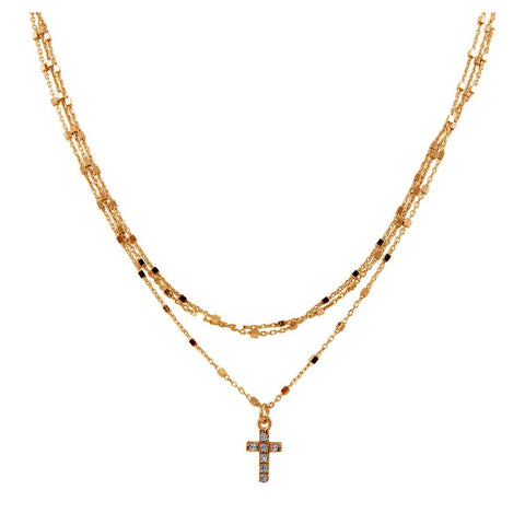 Sterling Silver Rose Gold Plated Triple Chain Cross Necklace with Beads and CZ
