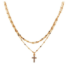 Sterling Silver Rose Gold Plated Triple Chain Cross Necklace with Beads and CZ