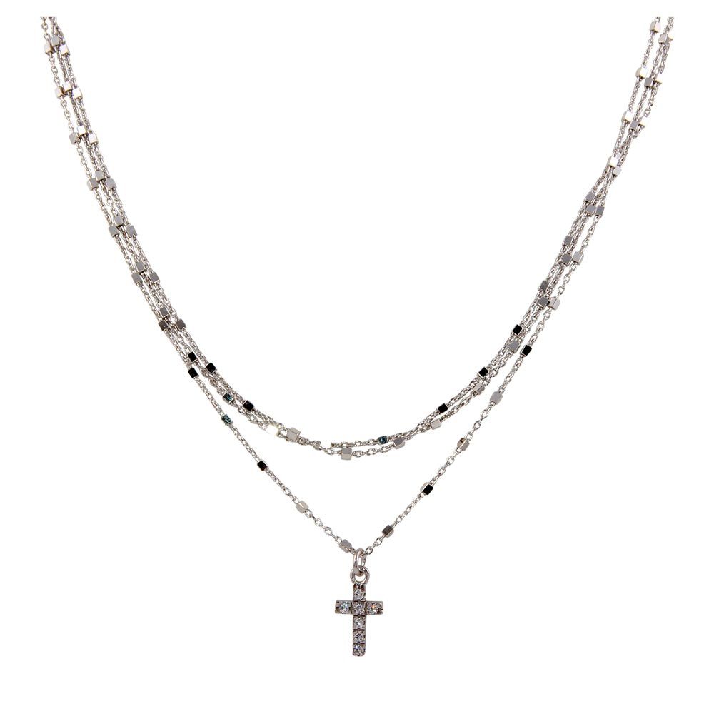 Sterling Silver Rhodium Plated Triple Chain Cross Necklace with Beads and CZ