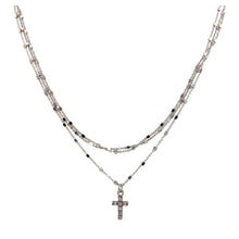 Load image into Gallery viewer, Sterling Silver Rhodium Plated Triple Chain Cross Necklace with Beads and CZ