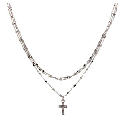 Sterling Silver Rhodium Plated Triple Chain Cross Necklace with Beads and CZ
