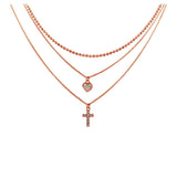 Sterling Silver Rose Gold Plated Triple Chain Heart and Cross Necklace with CZ