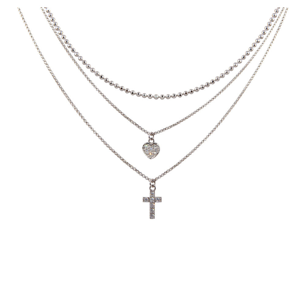 Sterling Silver Rhodium Plated Triple Chain Heart and Cross Necklace with CZ