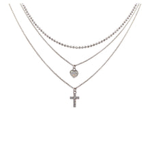 Load image into Gallery viewer, Sterling Silver Rhodium Plated Triple Chain Heart and Cross Necklace with CZ