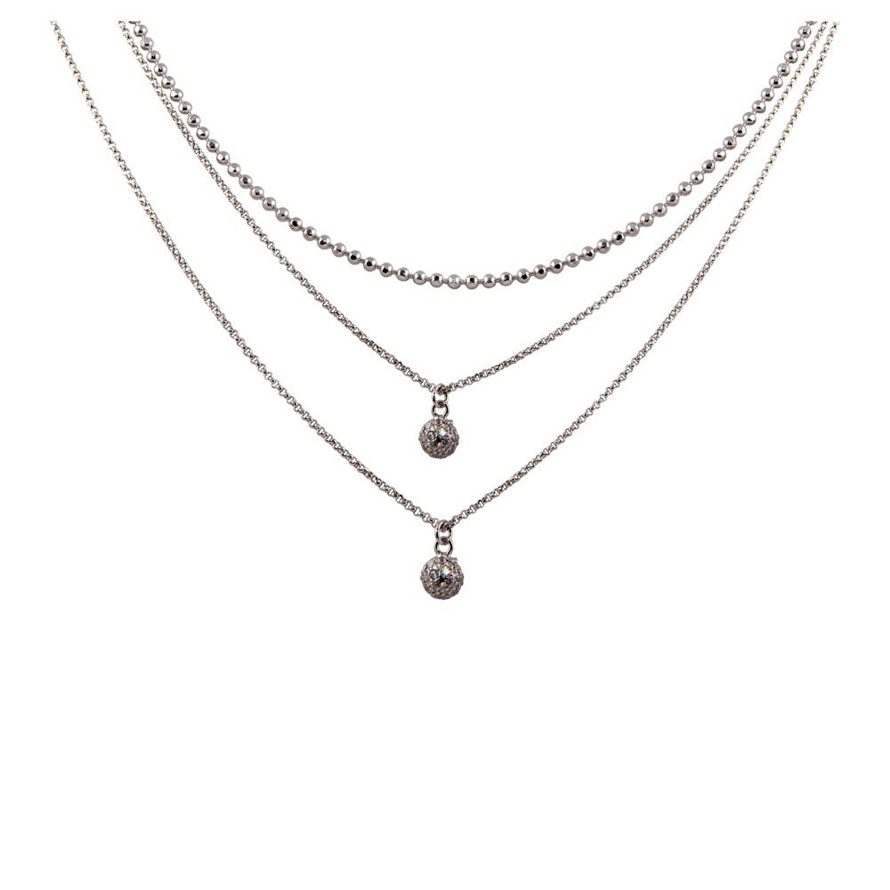 Sterling Silver Rhodium Plated Triple Chain with 2 Small CZ Pendants Necklace