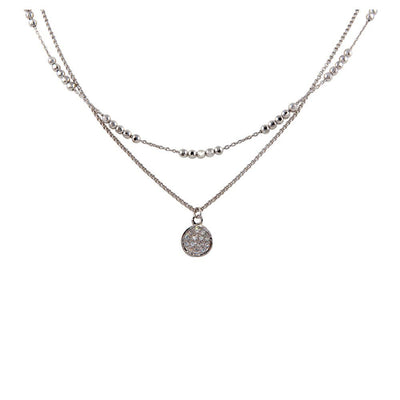 Sterling Silver Rhodium Plated Double Chain Disc Necklace with Beads and CZ