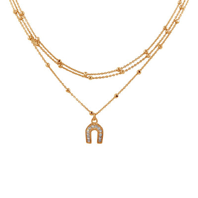 Sterling Silver Rose Gold Plated Multi Chain DC Beaded Horse Shoe Charm Choker Necklace
